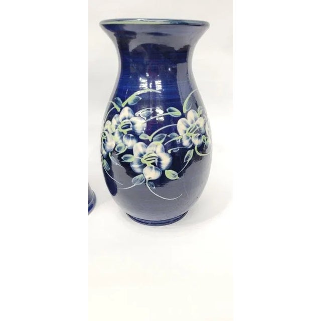 Ceramic Vintage 1980s French Navy Blue Flower Hand Painted Terracotta Art Pottery Vase For Sale - Image 7 of 7