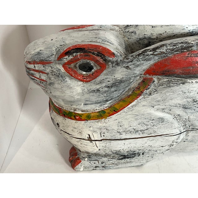 Vintage Balinese Carved Wood Rabbit Sculpture – Hand Painted Folk Art Bunny, Bali Indonesia 22” For Sale - Image 4 of 6