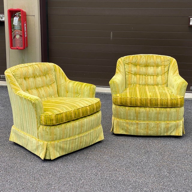 Sherrill Furniture Striped Chartreuse Velvet Lounge Chairs a Pair