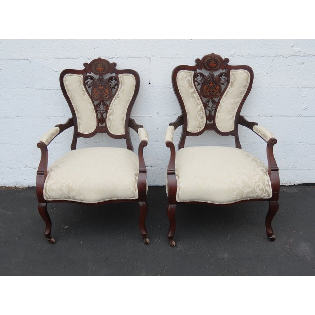 Victorian Late 1880s Carved Inlay Side Chairs a Pair 6643 For Sale - Image 12 of 17