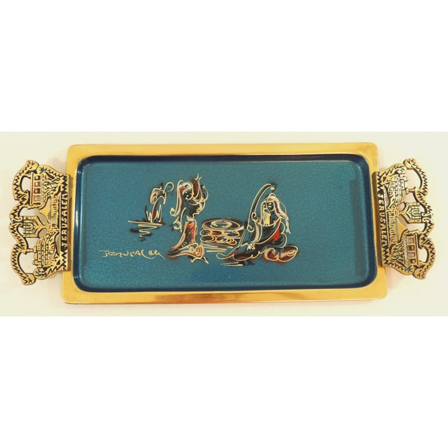 Beautiful vintage mid-century brass and blue enamel hand painted figural Israel Judaica serving tray with handles. Hand...