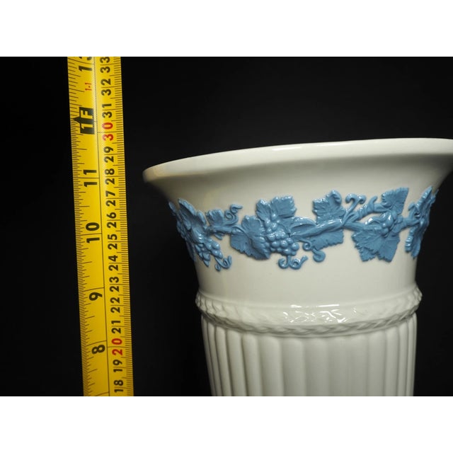 Wedgwood Vintage MCM Wedgewood White W Blue Grape Leaves Trumpet Vase 8.5” For Sale - Image 4 of 4