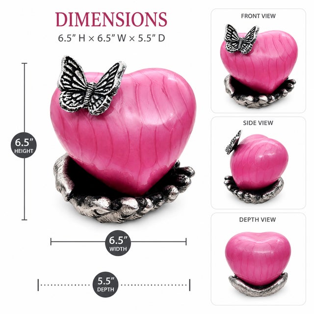 Pink Butterfly Heart Cremation Urn With Hand Stand With Picture Frame With Silver Butterfly 7x9 Inches | Memorial Keepsake for Ashes, For Sale - Image 9 of 14