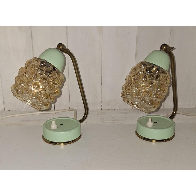 Mid-Century Bedside Lamps with Blue-Green Lacquered Metal Frames, Brass Archs and Amber Bubble Glass Shades, 1960s, Set of...