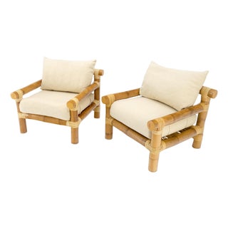 Pair of Thick Bamboo Upholstered Lounge Chairs Mid Century Modern MINT For Sale