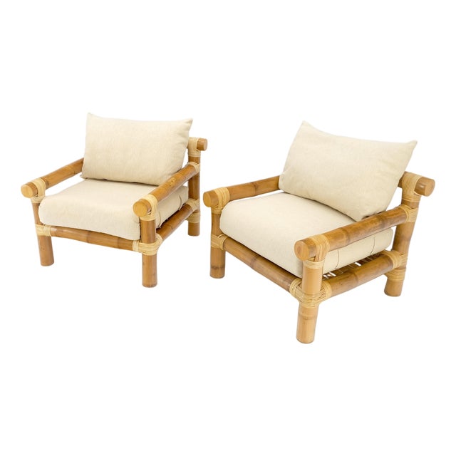 Pair of Thick Bamboo Upholstered Lounge Chairs Mid Century Modern MINT For Sale