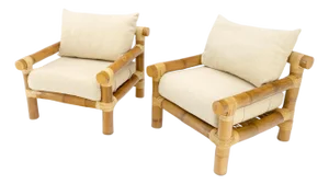 Pair of Thick Bamboo Upholstered Lounge Chairs Mid Century Modern MINT