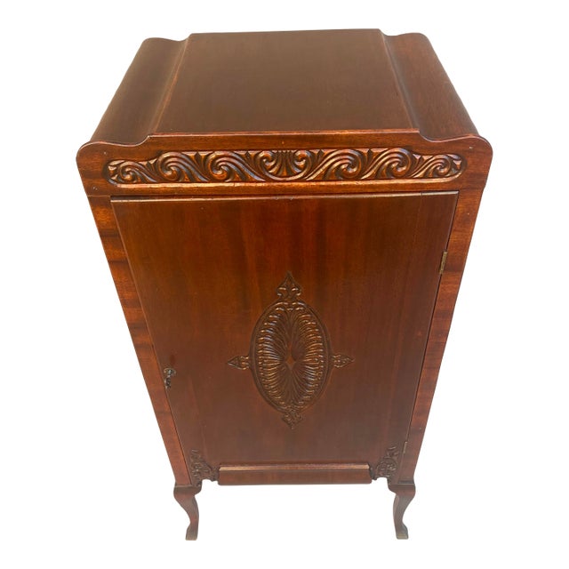 Antique Carved Mahogany Sheet Music Cabinet With Lock and Key For Sale