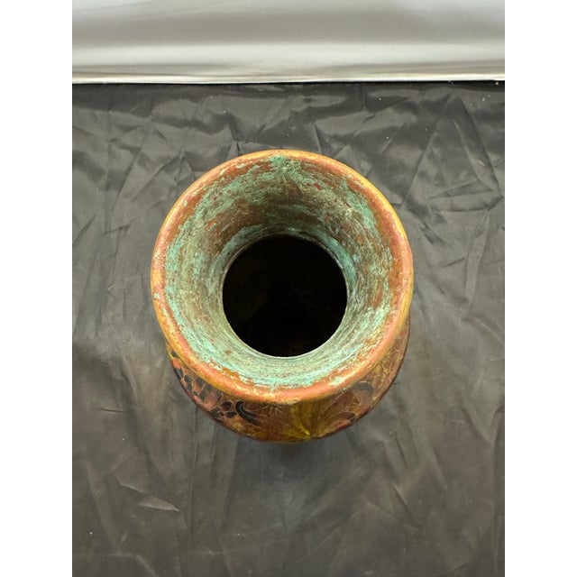 Chinese VTG 13” Chinese Cloisonné Bottle Vase Floral Peony Red Brown Enamel Brass 1950s For Sale - Image 3 of 7