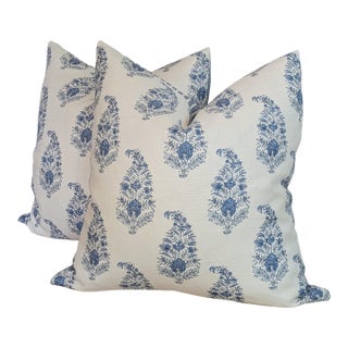 Katie Leede Mughal Garden Pillows With Blue Striped Backs- Pair For Sale