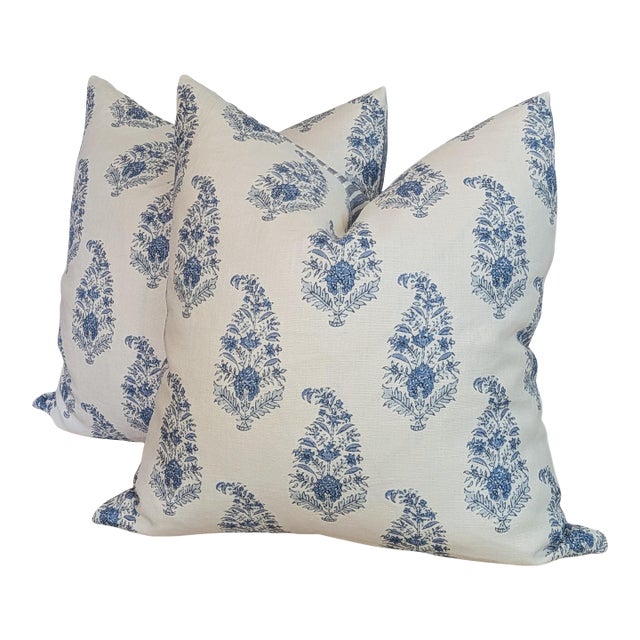 Katie Leede Mughal Garden Pillows With Blue Striped Backs- Pair For Sale