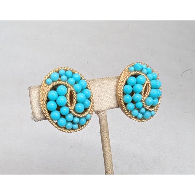 Metal Vintage Signed Crown Trifari Cabochon Faux-Turquoise Clip Earrings-2 Pieces For Sale - Image 7 of 8