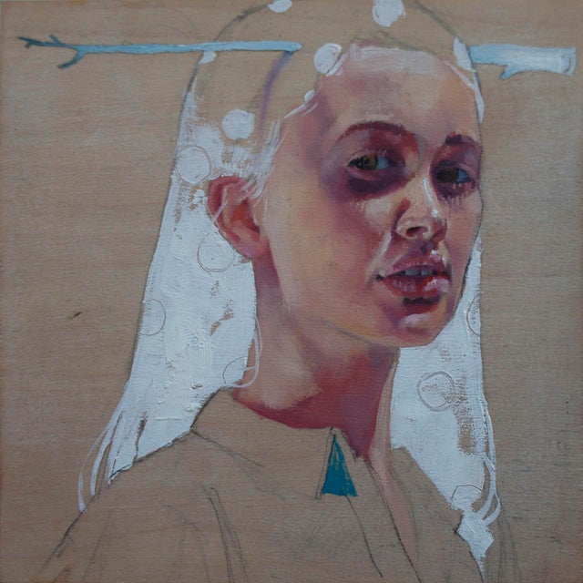 Antler by Joshua Lawyer | Oil on Wood Portrait of a Woman with Antlers For Sale
