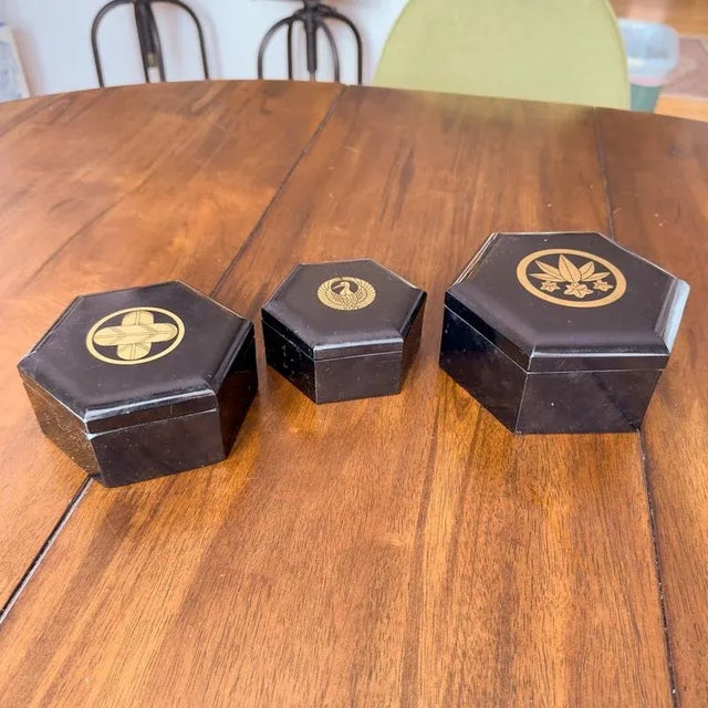 Chinoiserie Vintage Nesting Black Lacquer Finish Boxes With Gold Print Design Set of Three Made in Japan For Sale - Image 3 of 12