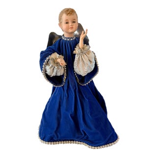 Large Vintage Victorian Style Christmas Angel Figurine in Royal Blue Velvet For Sale