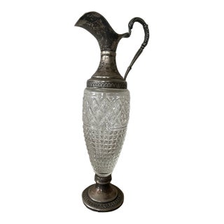 Antique Edwardian Cut Glass Claret Pitcher Wine Jug With Silver Plated Mounts For Sale