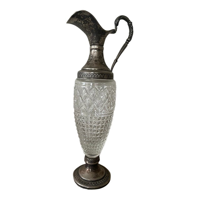Antique Edwardian Cut Glass Claret Pitcher Wine Jug With Silver Plated Mounts For Sale