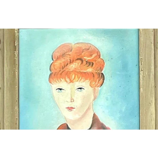 Cerulean Vintage Boho Original Oil Portrait of Woman For Sale - Image 8 of 14