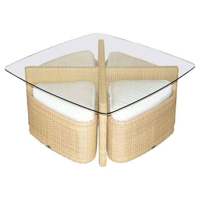 Garden Table and Stool Set on Wheels Glass with Wicker, Set of 5 For Sale