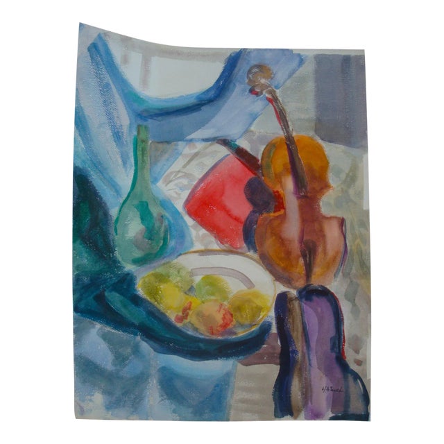 Abstract Mid-Century Modern Painting Still Life Watercolor Violin With Fruit For Sale