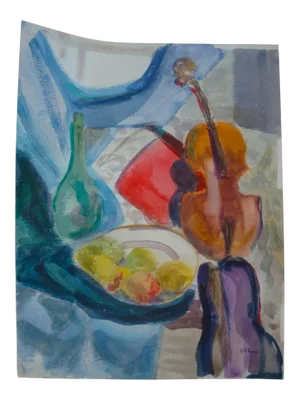 Abstract Mid-Century Modern Painting Still Life Watercolor Violin With Fruit