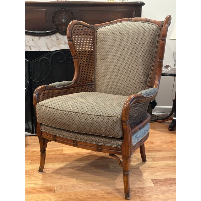 Ethan Allen Pair Ethan Allen Faux Bamboo Cane Wingback Chairs For Sale - Image 4 of 8
