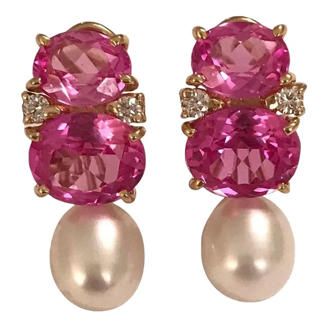 Christina Addison Medium 18kt Yellow Gold Gum Drop™ Earrings With Pink Topaz and Diamonds With Detachable Pearls For Sale