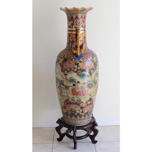 Satsuma Monumental 50.5" Chinese Export Royal Satsuma-Style Palace Floor Vase With Wooden Stand For Sale - Image 4 of 18