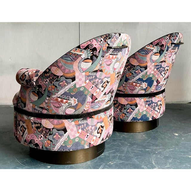 Pink Vintage Postmodern Martin Barttrud Printed Swivel Chairs - A Pair For Sale - Image 8 of 11