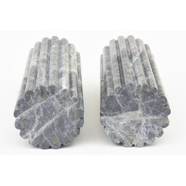 Marble Variegated Vases, Gray and Off White Pair Of For Sale - Image 11 of 11