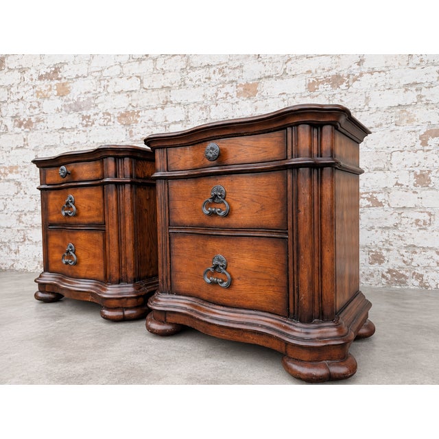 Pair of Vintage Pulaski Solid Wood 3 Drawer King Sized Nightstands/Chests With Elegant E Wood Finish For Sale - Image 4 of 9