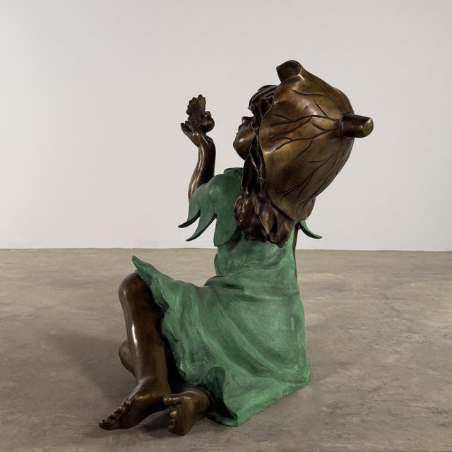 Bronze Garden Girl With Bird Sculpture – Verdigris Dress, 25” H Outdoor Statue For Sale In Dallas - Image 6 of 9