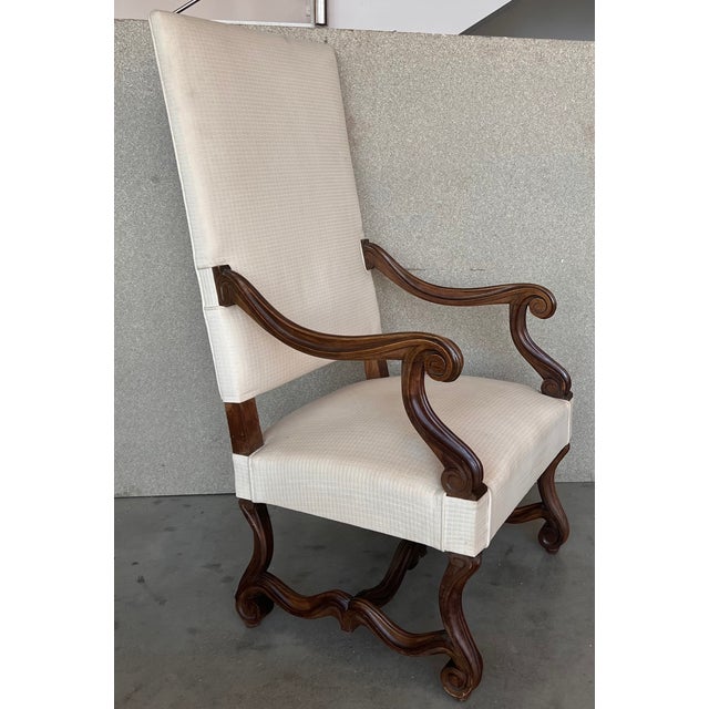 French Louis Xvi Style Spanish Pair of Carved Walnut Armchairs, 1900s For Sale - Image 3 of 12