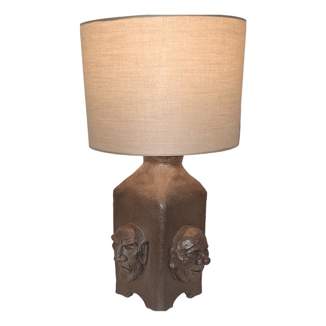 Vintage Table Lamp with Brown Ceramic Base with 4 Different Cartoon Faces and Beige Fabric Shade, 1982 For Sale