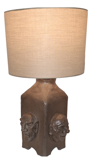 Vintage Table Lamp with Brown Ceramic Base with 4 Different Cartoon Faces and Beige Fabric Shade, 1982