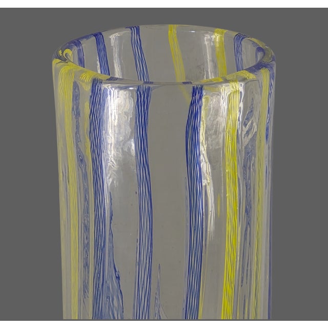 Late 20th Century Vintage Attributed Murano Art Glass Striped Ribbon Motif Cylindrical Tube Vase For Sale - Image 5 of 8