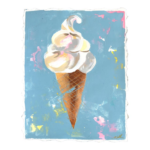 Soft Serve in a Waffle Cone - Fun Dessert Mixed Media Painting on Paper Original Artwork by Kellie Newsome For Sale
