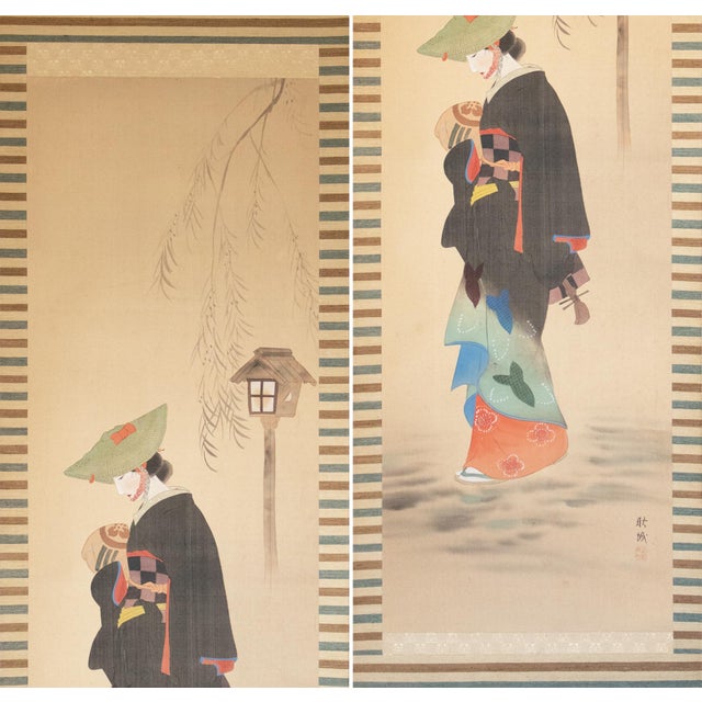 Japanese "Kimono Beauty" by Kojo, Japanese Silk Scroll Painting For Sale - Image 3 of 18