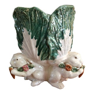 Large Majolica Cabbage & Rabbit Vase For Sale