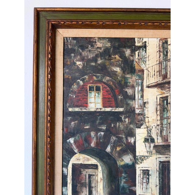 Vintage Rustic European Street Scene Oil Painting on Canvas – Framed For Sale In Miami - Image 6 of 13