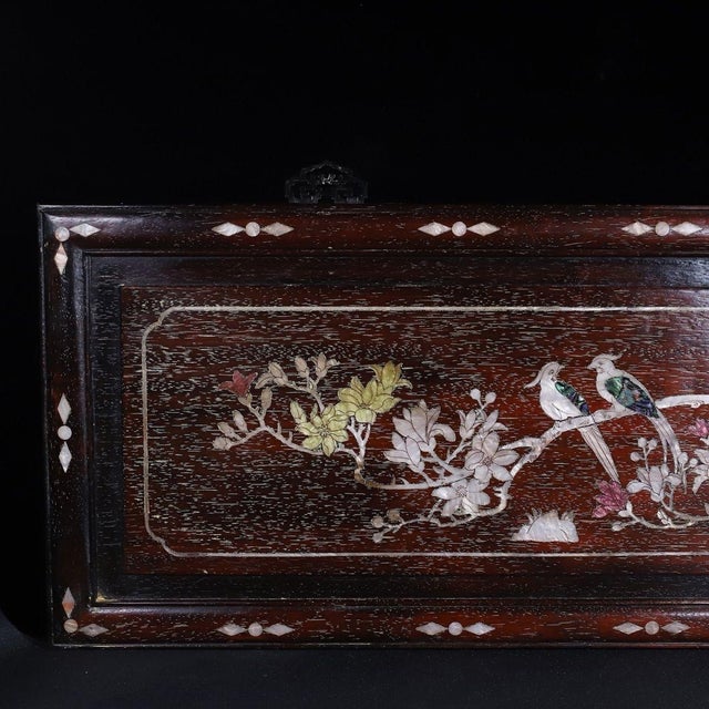 Late 19th Century Wooden Plaque With Mother-of-Pearl Bird and Floral Inlay For Sale - Image 5 of 10