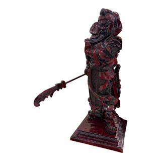 Vintage Red Wood Chinese Dragon Warrior Statue Guan Large 12x12x29 For Sale