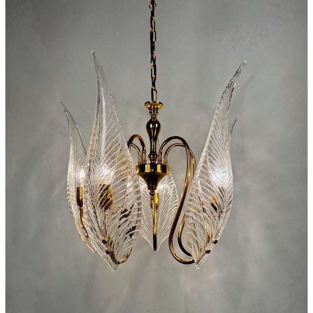 Large Brass and Murano Glass Leaves Chandelier, Italy, 1980s For Sale - Image 6 of 11