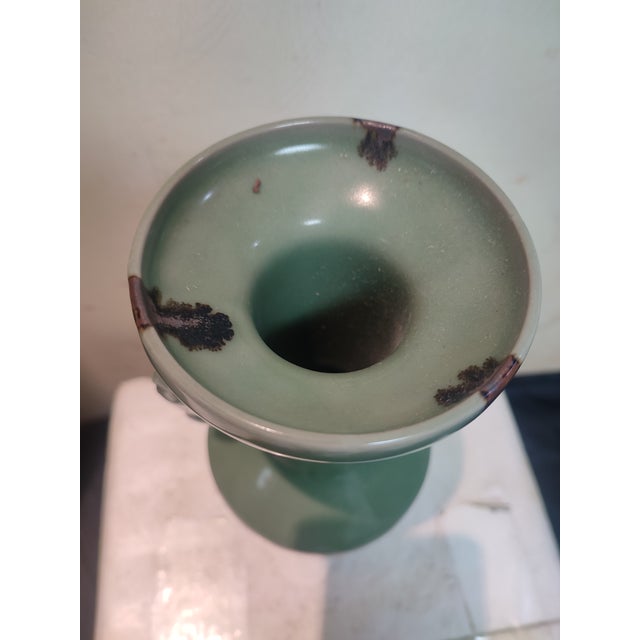 Chinese Ceramic Vase Longquan Ware Celadon Vase Hand Carved Double Dragon Ears For Sale - Image 4 of 11
