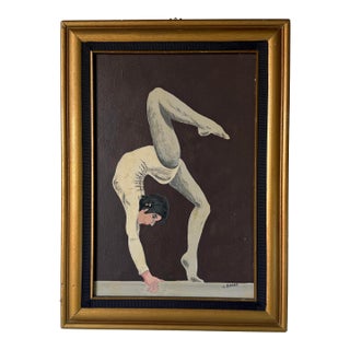 1970s Vintage J. Banas Figurative Acrobat Dancer Oil on Artist Board Painting, Framed For Sale