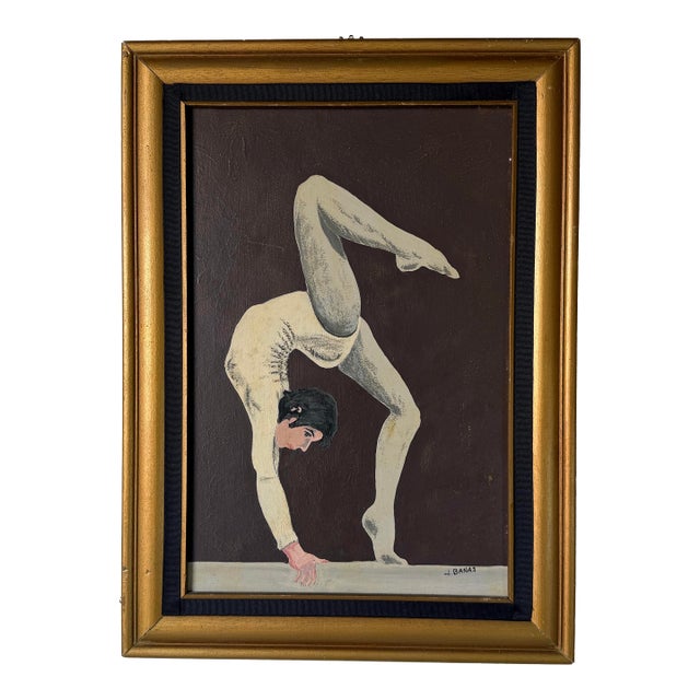1970s Vintage J. Banas Figurative Acrobat Dancer Oil on Artist Board Painting, Framed For Sale