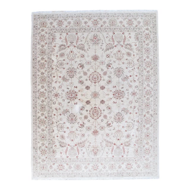 Late 20st Century Modern Peshawar Carpet, Ivory Field, Ivory Border, Gray, Coral For Sale