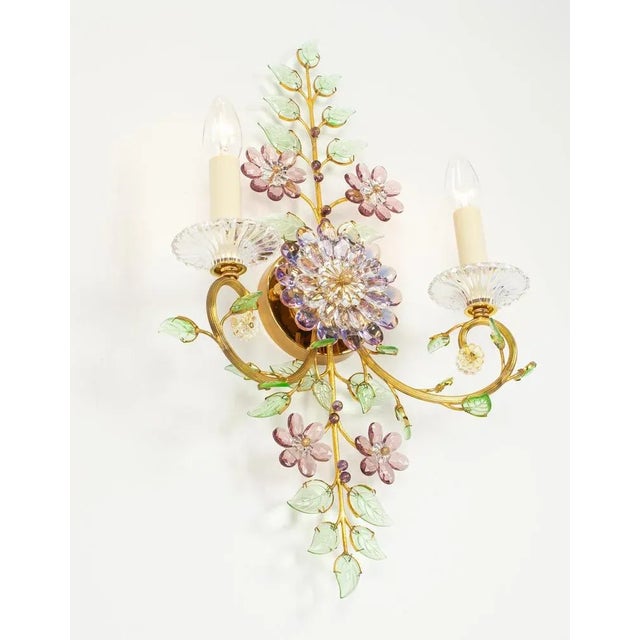 1970s Large Gorgeous Flower Sconces Gilt Faceted Crystal Glass Bagues from Palwa, 1970s, Set of 2 For Sale - Image 5 of 12