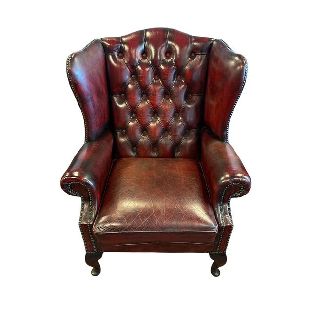 English Chesterfield Wingback Armchair in Dark Red Leather For Sale - Image 3 of 5
