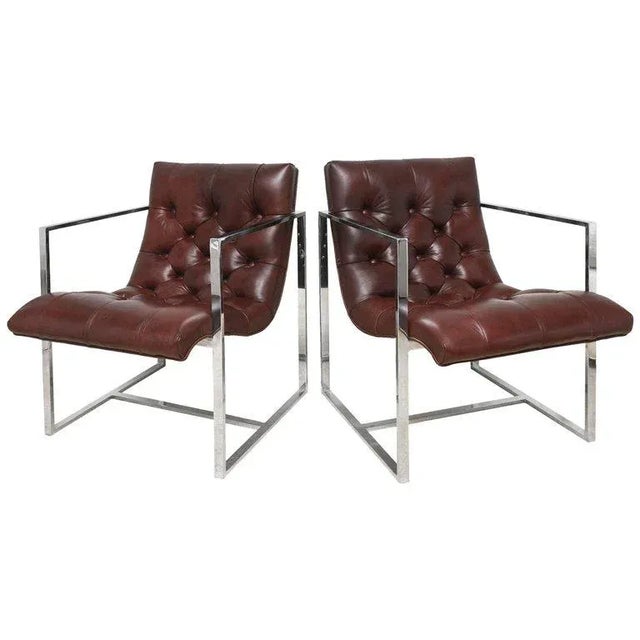 Vintage Milo Baughman Style Leather Tufted Cube Scoop Chrome Side Chairs Pair of Restored For Sale - Image 9 of 9